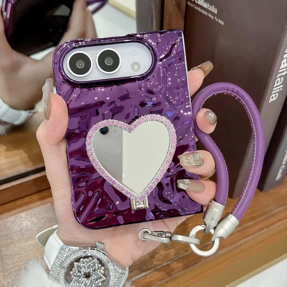 Elegant Heart Mirror Diamond Stand Case with Lanyard - Shockproof and Durable Cover