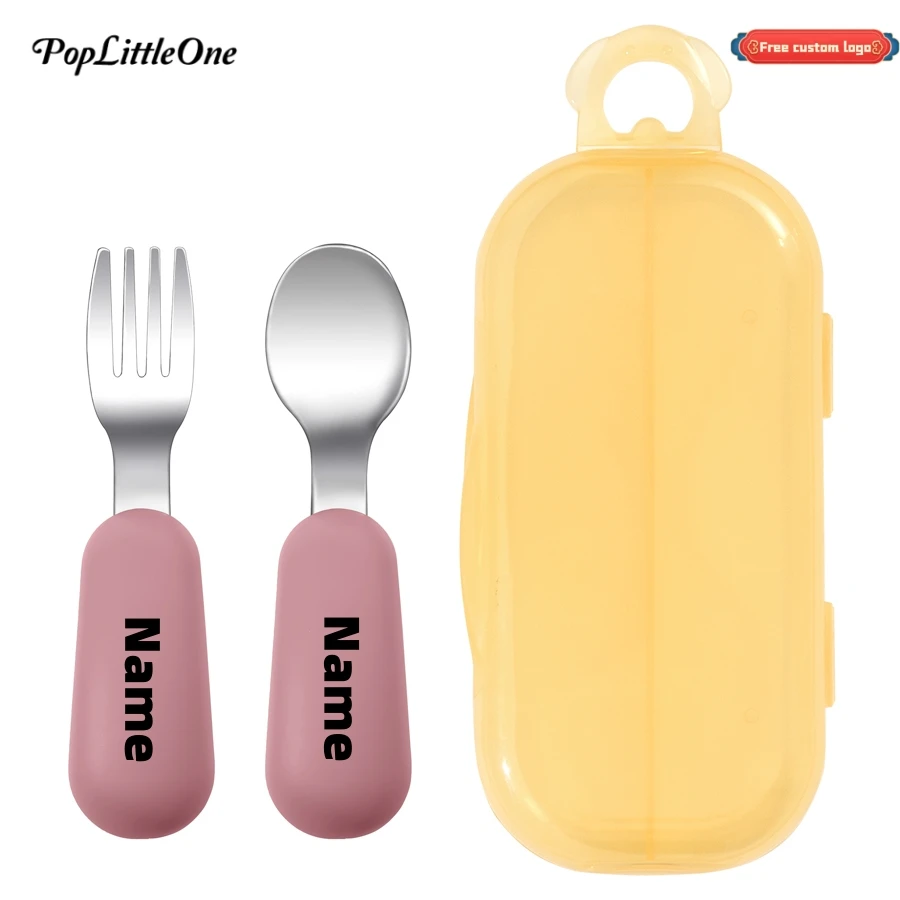 Personalized Name 2PC Baby Silicone Feeding Stainless Steel Fork Spoon Portable Baby Tableware Training Utensils Stuff