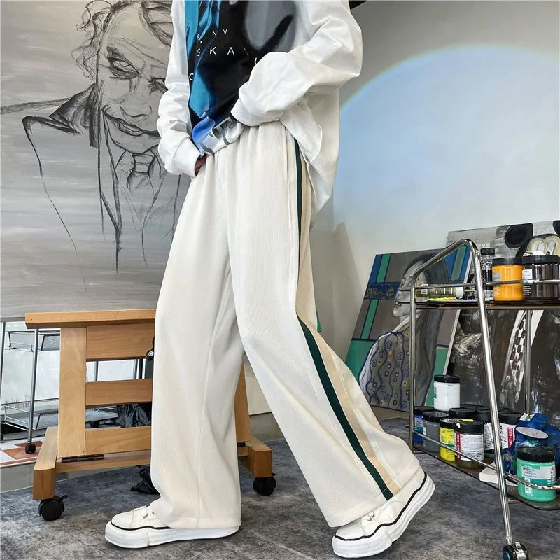 American Street Pants Loose Corduroy Patchwork Striped Pants Men Contrasting Elastic Waist Drawstring Straight Casual Trousers