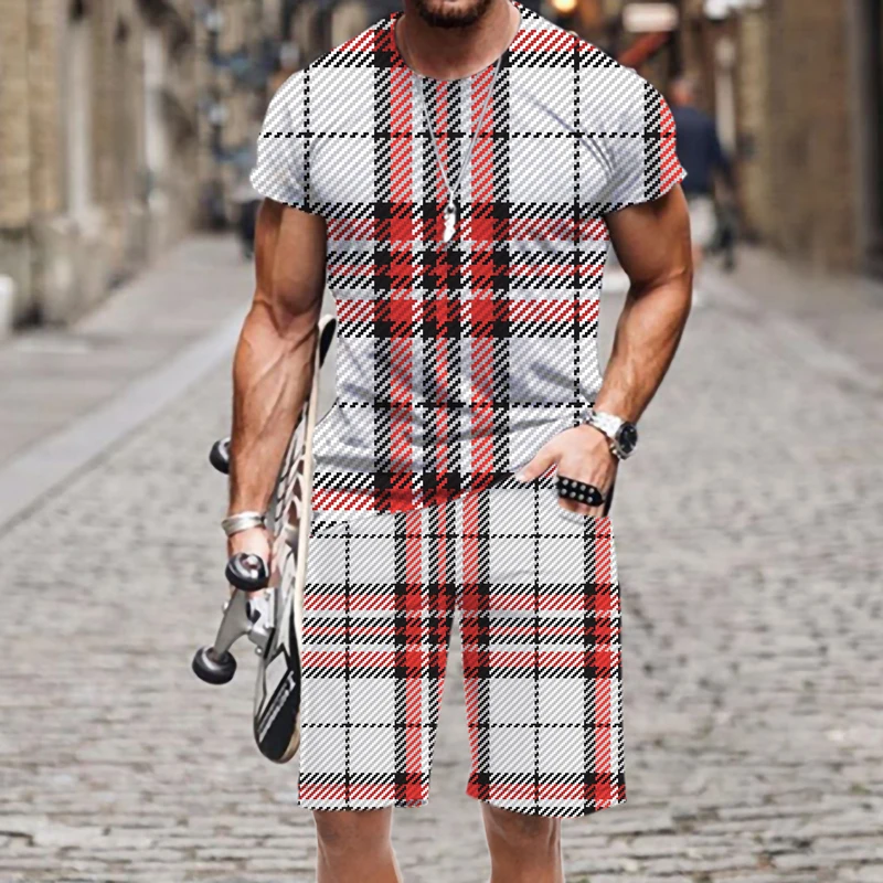 

Men's T-shirt Shorts Set Funny Plaid Stripe Pattern Cool Loose Swimsuit Oversized Fashion Summer Mens Clothing Beach Streetwear