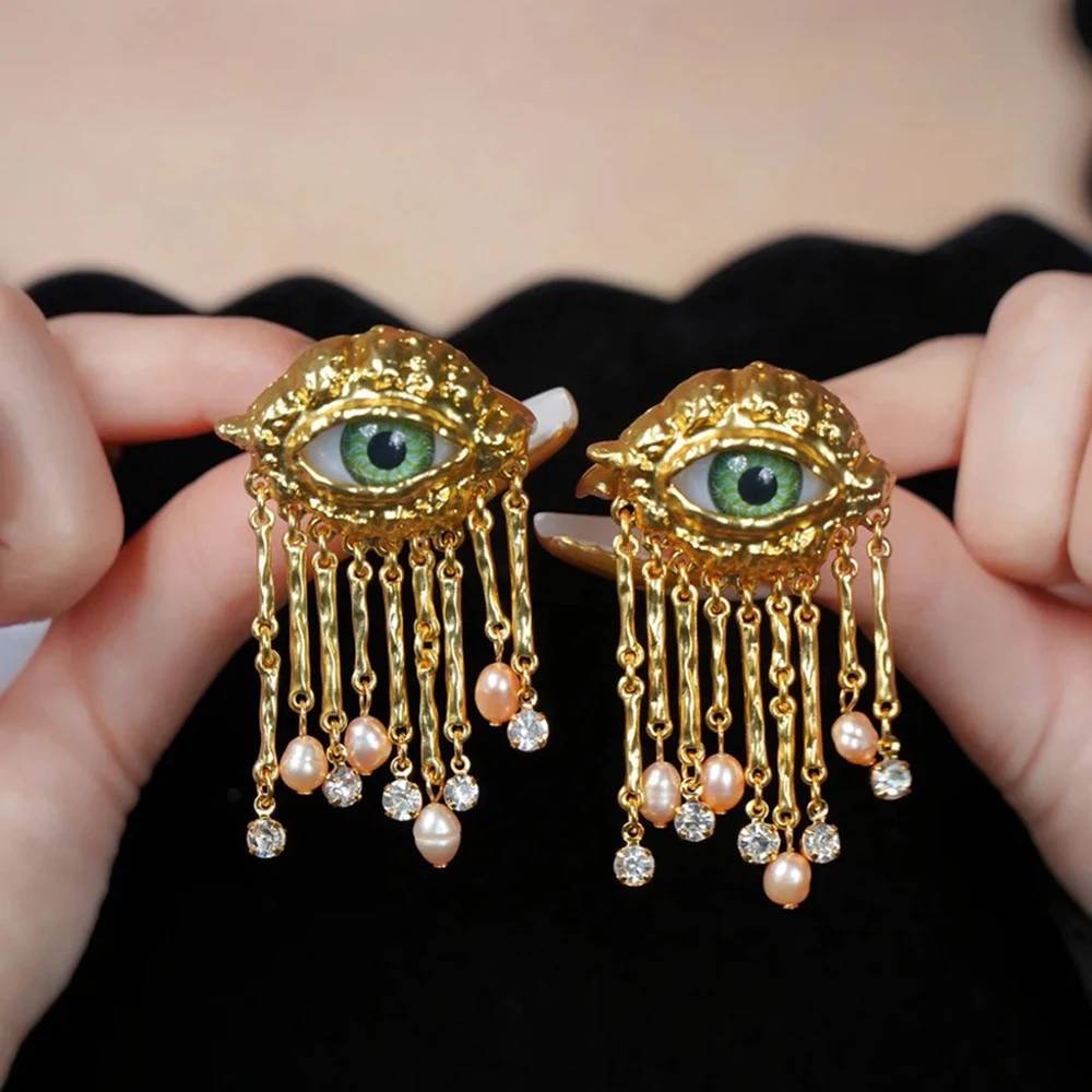Sf1c155deedb94dd1a0e344f2c3cf7320w French Retro Unique Personality Exaggerated Eyes And Earrings Pearl Rhinestone Tassel Earrings Women's Jewelry Party Accessories Mallzona