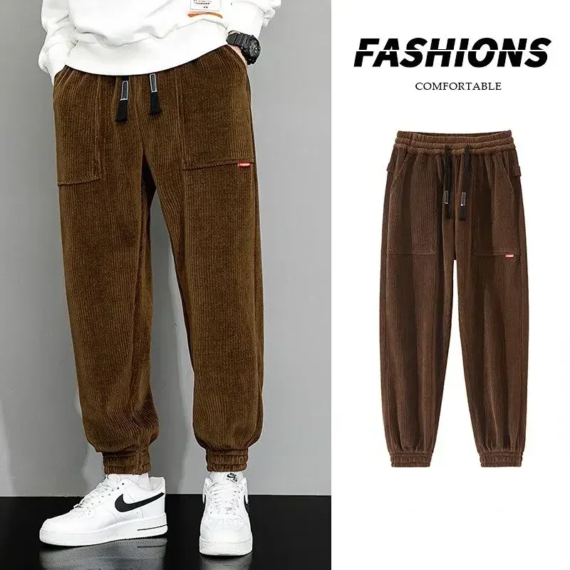 Men's Casual Joggers Tie Pants Solid Oversized Man Street Pants Sweatpants Spring Autumn Loose Corduroy Pants Men Oversize 8XL