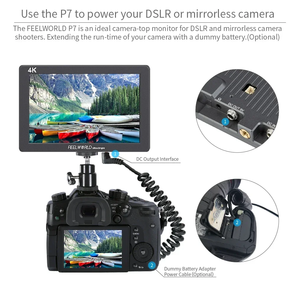 FEELWORLD P7 7 inch 2200nit Ultra Bright Camera Field Monitor Aluminum Housing 4K HDMI DSLR Monitor 1920x1200 IPS LCD for Camera