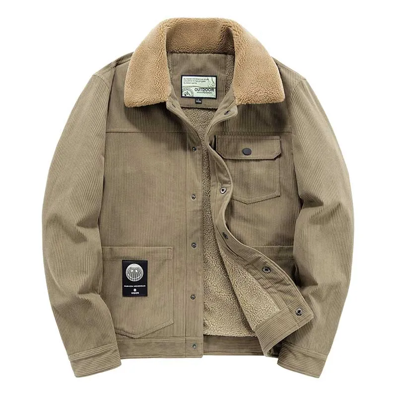 MOONBIFFY Mens Winter Corduroy Jackets and Coats Fleece Lined Thermal Outwear Tops for Male Clothing Size M-5XL Windbreak