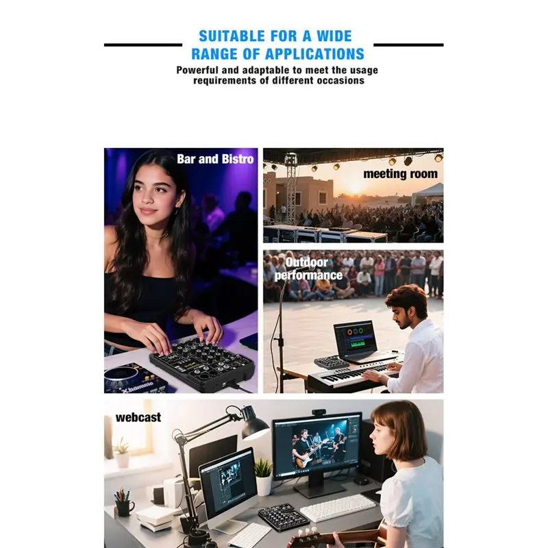ABJF-USB/MP3 플레이어 호환 4채널 오디오 믹서 스튜디오 사운드 믹서 블루투스 DJ 콘솔 48V 팬텀 파워 (노래방용)