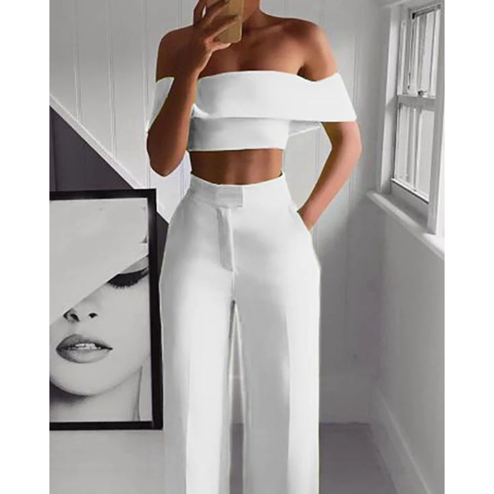 

Women Suits Ladys Fashion Off Shoulder Short Sleeve Crop Top & High Waist Pants Set Women Korean Style Summer Two Piece Set y2k