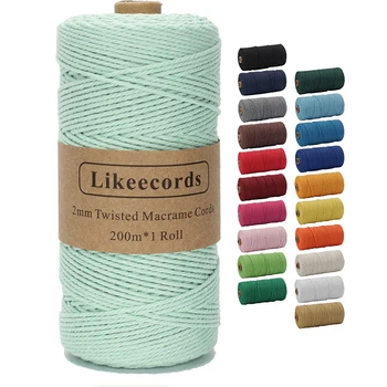 Likeecords 마크라메 코드, 코튼 꼬기 끈 코드, 천연 흰색 코튼 로프 공예 끈, 뜨개질 식물 행거, 가방, 2mm x 200m