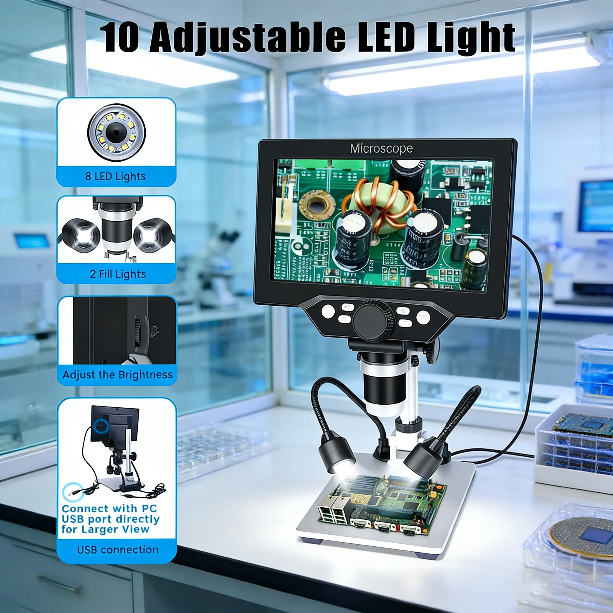 7인치 HD LCD 1200X 디지털 현미경 12MP 비디오 현미경 (납땜, 휴대폰 수리, 확대경, 금속 스탠드, PC 보기용)