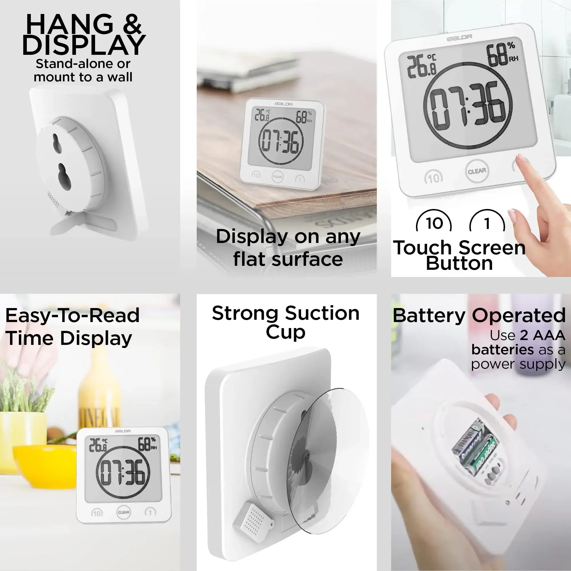Digital Wall Clock Timer Waterproof Touch Screen Temperature Humidity for Bathroom Shower Room