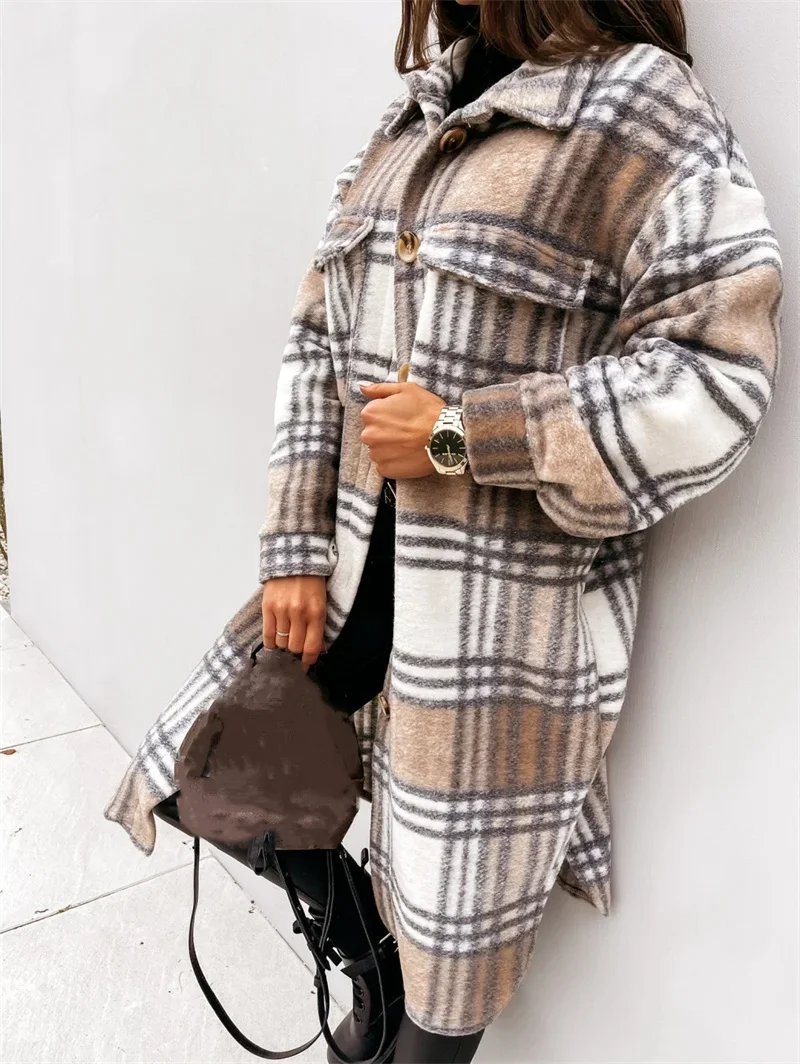 Women Check Tweed Long Shirt Autumn Winter Thickened Warm Single-breasted Cardigan Blouse Female Casual Double Pockets Outerwear thousand bird check women s trousers thick black drawstring elastic waist split fork knitting pockets long pants autumn winter