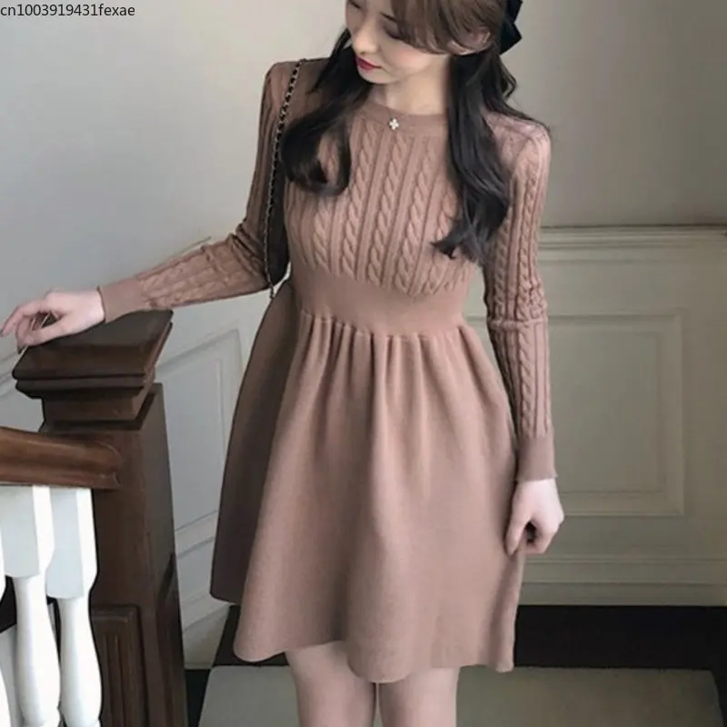 

High Quality 2023 New Spring Autumn Knitted Sweater Dress Women A-line Solid High Waist Vestidos Elegant Korean Mini Dresses