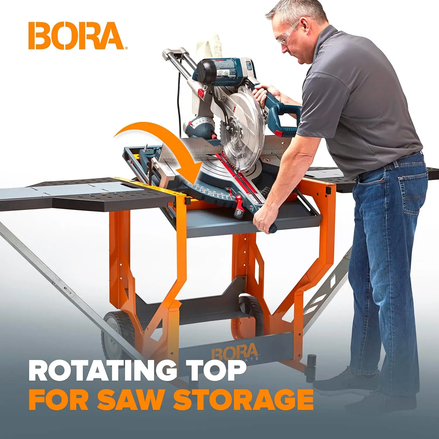 PM-8000 Miter Saw Stand Work Station Mobile Rolling Table Top Workbench Orange & Grey with Folding Wing Extensions Orange