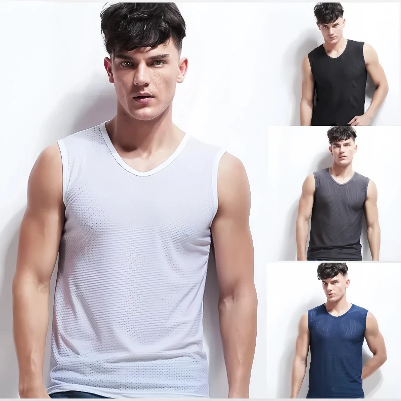 Men's summer Sports Fitness Wide Shoulder Tank Top Breathable Ice Mesh Men's Tank Top V-neck Sleeveless Mesh men's clothing