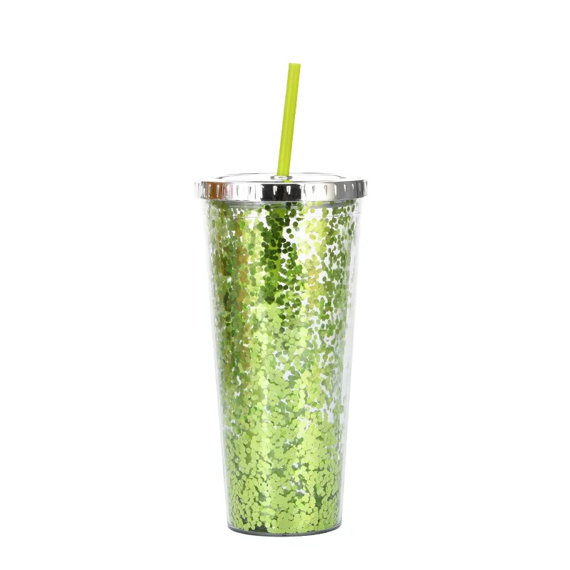 thumbnail image 1 of Vaso de agua con tapa de plástico brillante de 700 ml, portátil, de doble capa, para bebidas frías, café, reutilizable, de gran capacidad, para leche y té, 1 of 5
