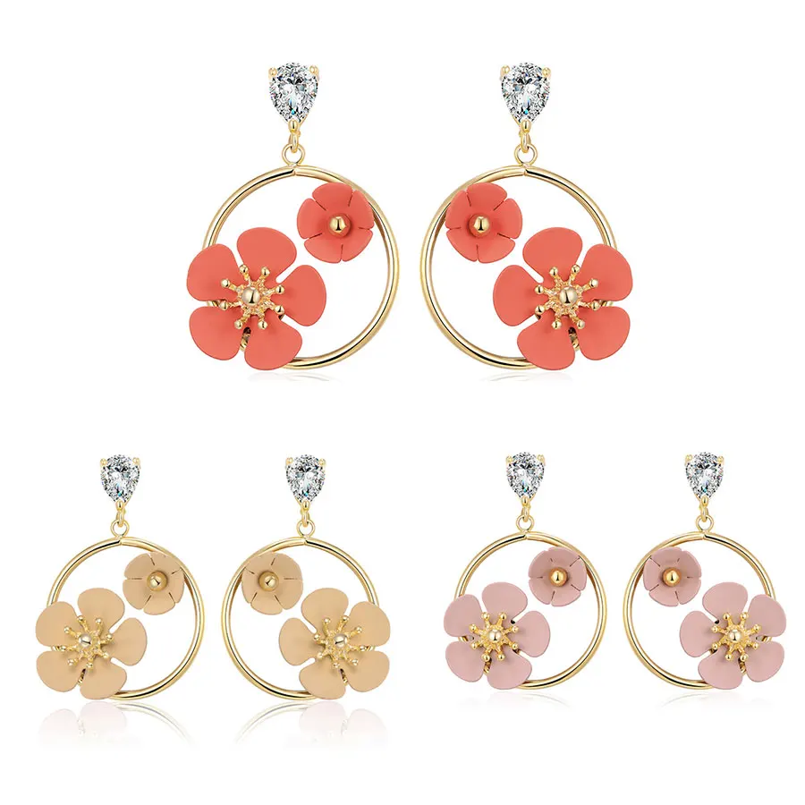 

Flowers Round Drop Earrings For Women New Alloy Zircon Female Dangle Hanging Earring Fashion Wedding Ear Jewelry Brincos