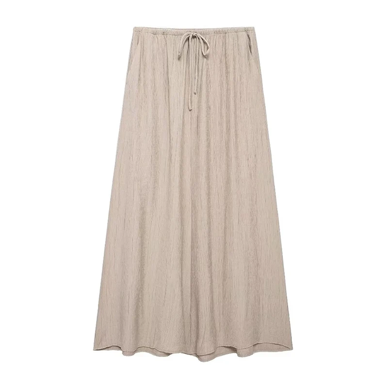 thumbnail image 5 of Conjunto de 2 piezas de moda para mujer, blusa lisa con cordones y falda midi de cintura alta elástica vintage, conjunto de faldas elegantes para mujer, 5 of 5