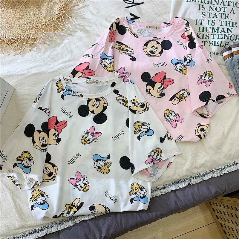 Girl T-shirt Mickey Minnie Donald Duck Mickey Short-sleeved T-shirt Female Harajuku Style Cartoon Mid-length Clothes Cute Top