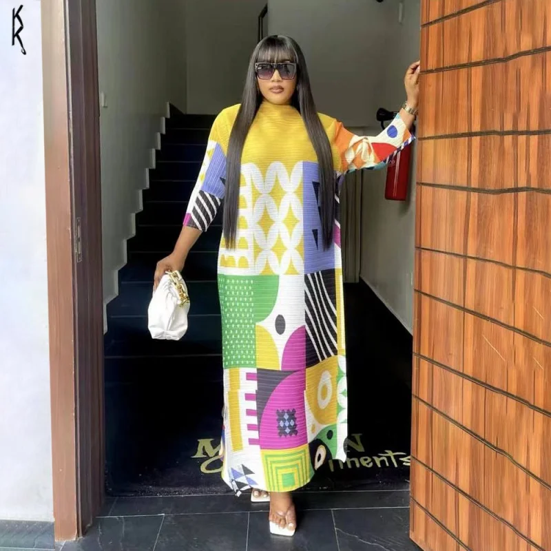 Miyake Pleated Print Dress Color Contrast Long Sleeve Relaxed Women\'s Long Casual Party Dresses of 2023 Summer New Fashionable