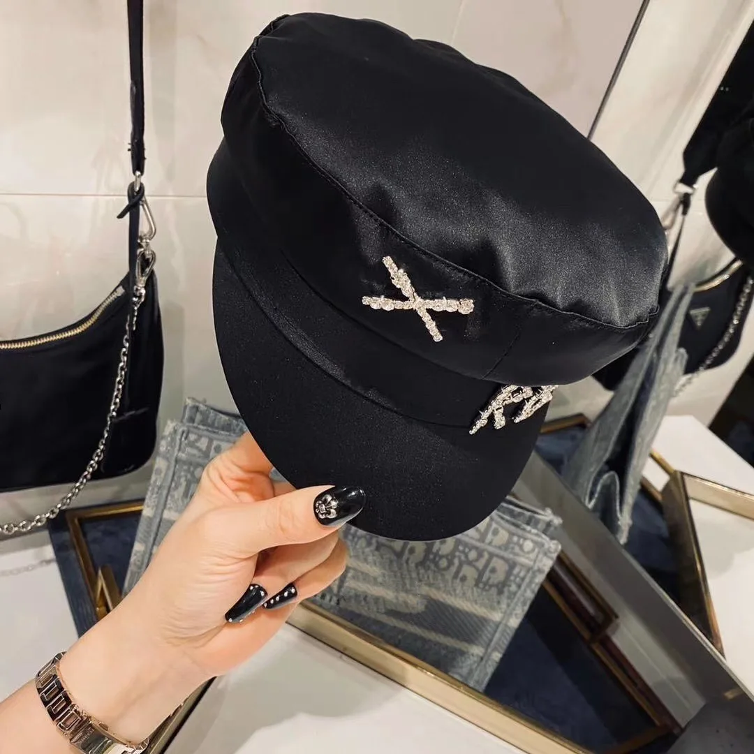 Designer Net Red Explosive Rhinestone Letters RB Satin Navy Hat