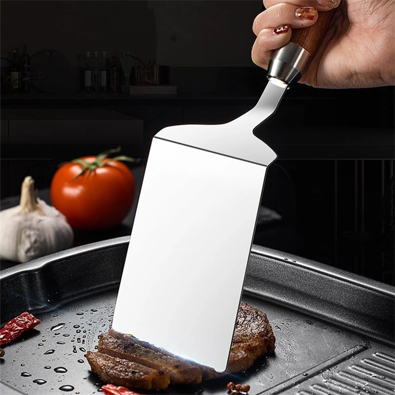 Stainless Steel Steak Cooking Spatula Wood Handle Teppanyaki Pizza Shovel Pancake Scraper BBQ Utensils For Kitchen Convenience