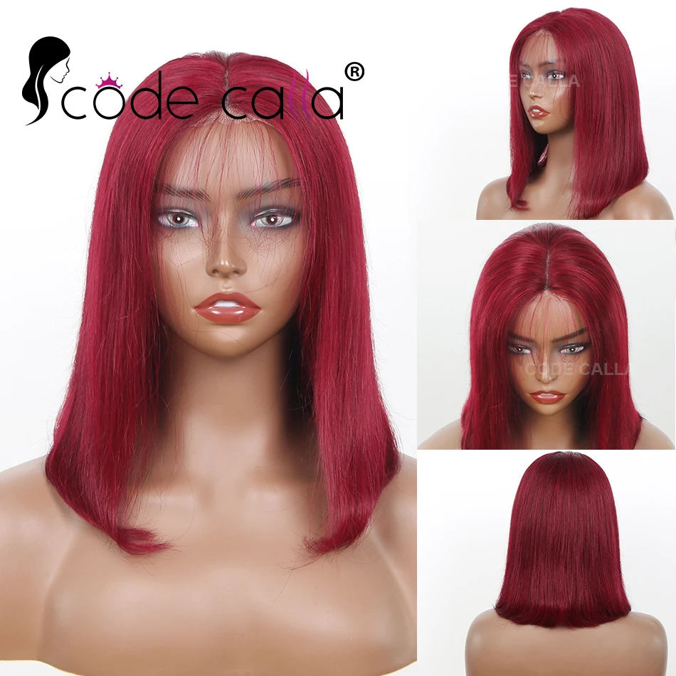 

Burgundy HD Transparent Lace Front Bob Human Hair Wigs Peruvian 99J Red Straight 4x4 Lace Closure Wig For Women Pre Plucked