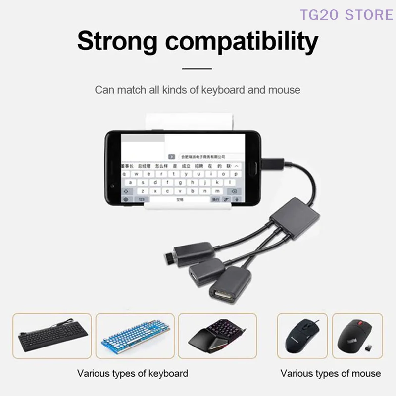 3in1 Micro USB To 2 OTG 3 Port HUB Cable Splitter Micro-USB Type-C Adapter Converter For Tablet Android Mouse Keyboard