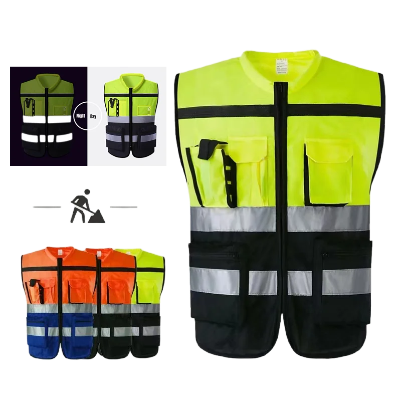 Unisex High-Visibility Safety Vest With Pockets&Zipper Ideal for Night Runs Cycling&Construction Work Fluorescent Night Uniform reflective vest