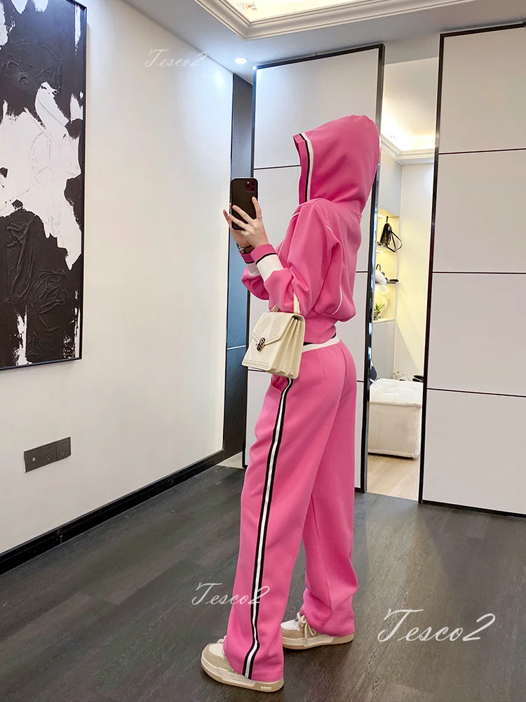 Tesco Thickened And Plush Women's Casual Set Zip-up Jacket+Wide Leg Trousers Autumn Winter Female Pant Sets Women's Sweatshirts