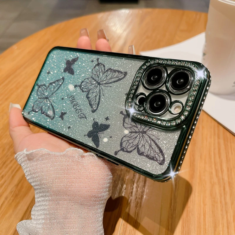 Glitter Butterfly Phone Case With Diamond Camera Lens Protector_voghion.com