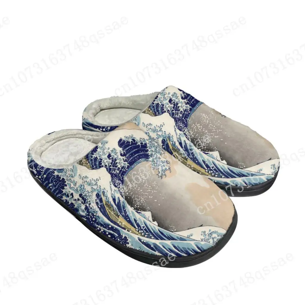 

Домашние хлопковые тапочки Art The Great Wave off Kanagawa на заказ, мужские и женские сандалии, плюшевая Повседневная сохраняющая тепло обувь, термотапочки