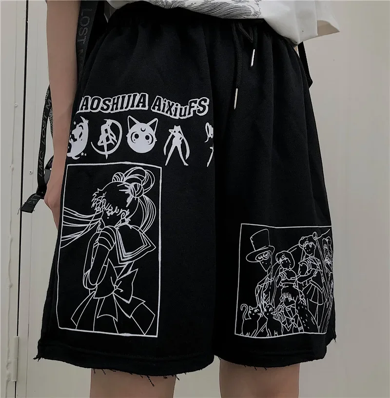2024 Letter Cartoon Sports and Leisure Loose Wild Student Was Thin High Waist Shorts Printed Shorts Loose Elastic Waist Shorts