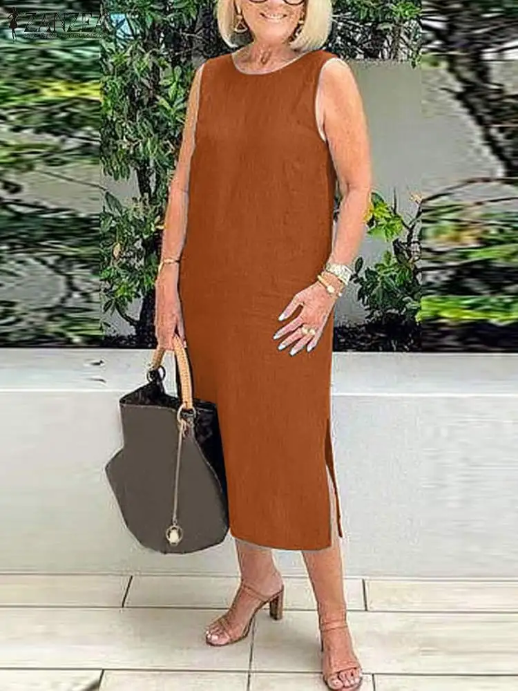 

ZANZEA Summer Fashion Solid Dress Women Casual Sleeveless Tank Dresses Femme O-Neck Solid Vestidos Elegant Holiday Sundress