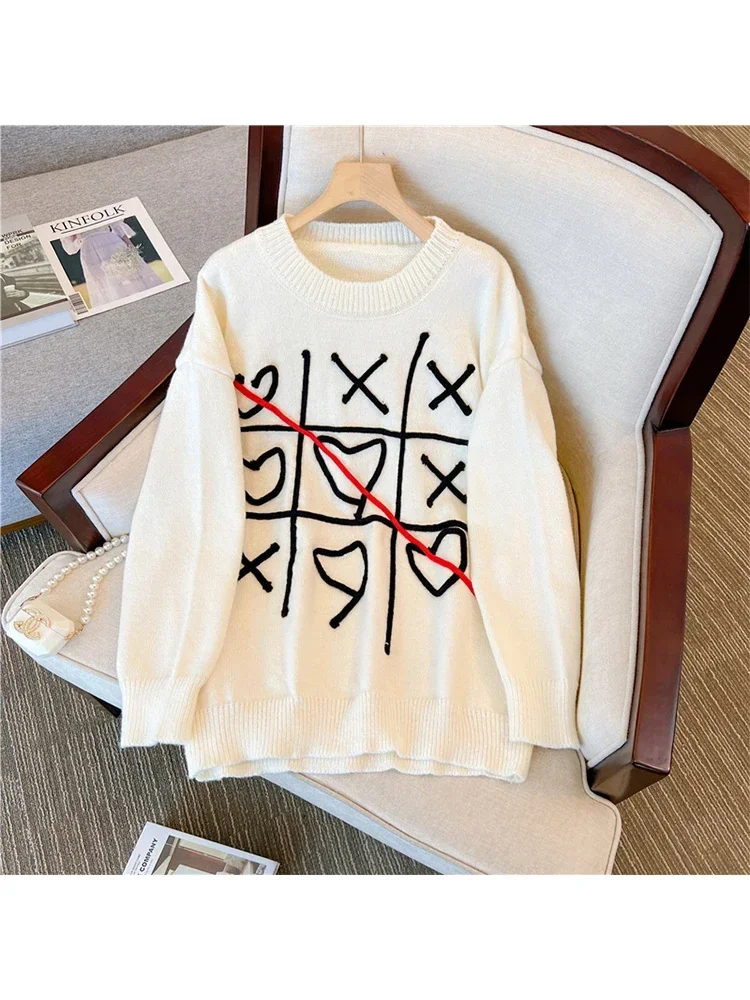 

Vintage Lazy Style Pullover Sweater Autumn Winter 2022 Korean Fashion Geometric Embroidery Graphics Women's Knitted Sweatshirt