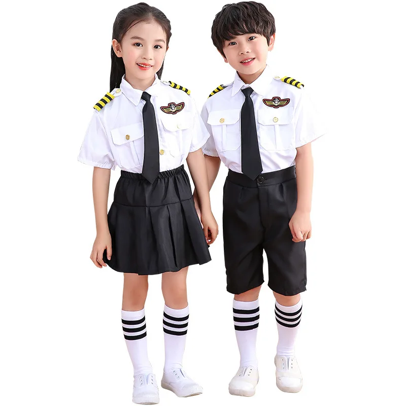 

Flight Attendent Cosplay Costumes for Children Halloween Party Aircraft Pilot Uniforms Kids Performance Profession Class Wear