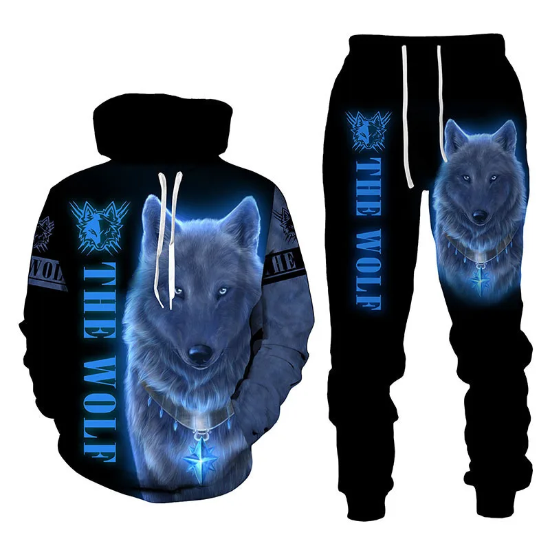 Autumn/Winter New Fierce Wolf Pattern Hoodies Pants Set 3D Printed Casual Sweatshirt Tracksuit Set Fashion Men\'s Clothing Suit