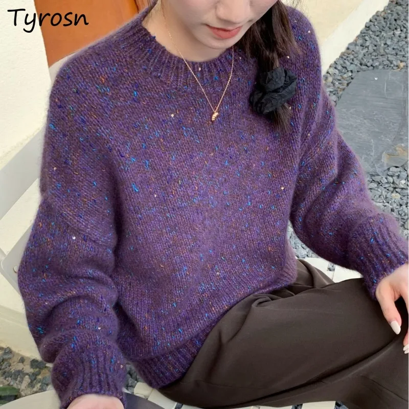 

Long Sleeve Loose Pullovers Women Purple Autumn Winter Tops Basic Chic All-match O-neck Knitting Baggy Female Ulzzang Minority