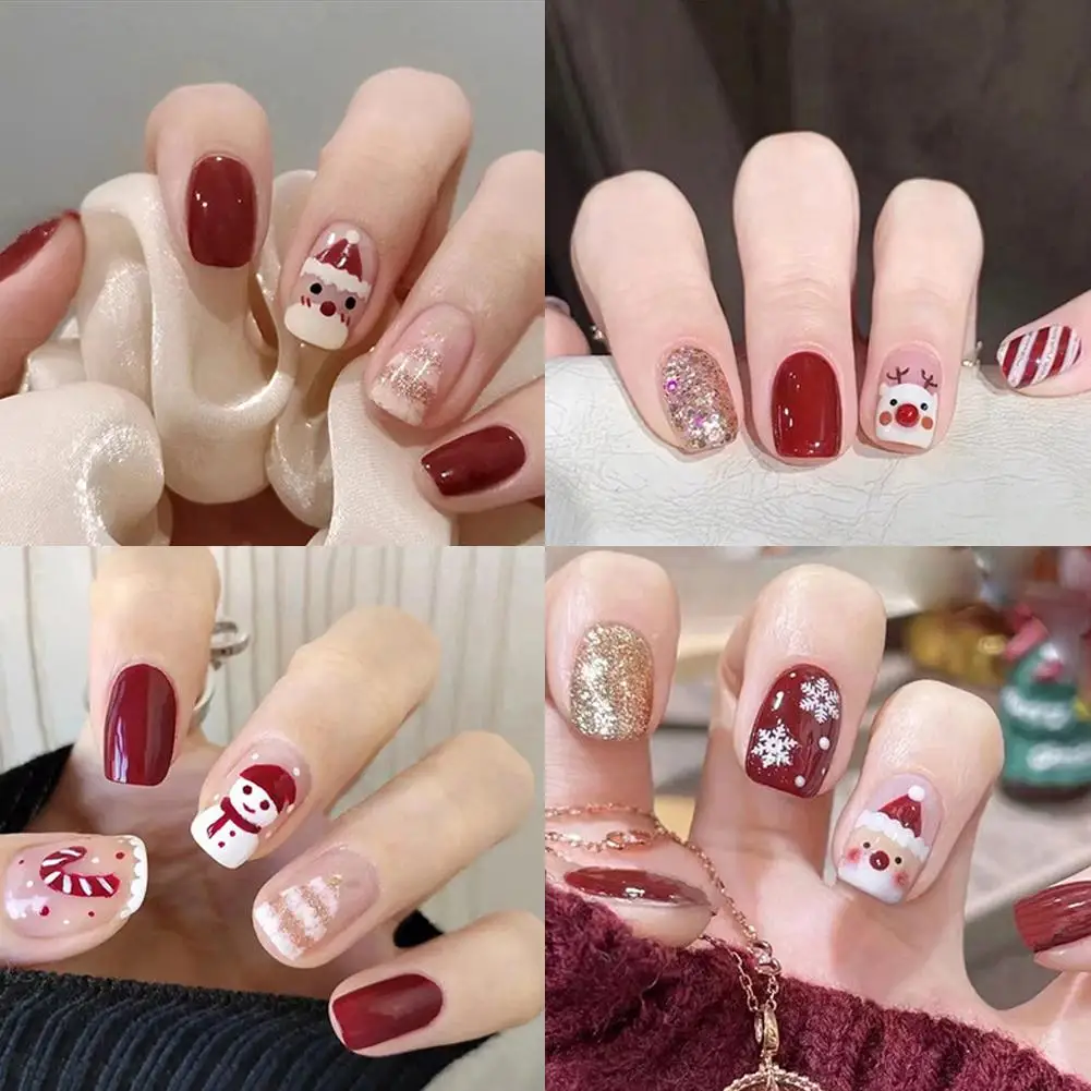

Wearable Fake Nails Finished Christmas Collection Short Nail Press Art False Full Tips Flat Removable Nails Coverage on Q7X0