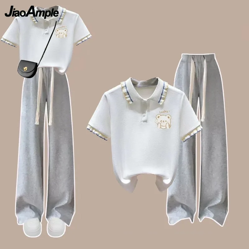 Women's Tracksuit 2024 Summer New Loose Polo Neck Short Sleeve Top Pants Matching Set Korean Chic Cute T-shirt Trousers 2 Piece fashion y2k gothic high waist jeans women chic side lace up wide leg denim pants female harajuku streetwear straight trousers