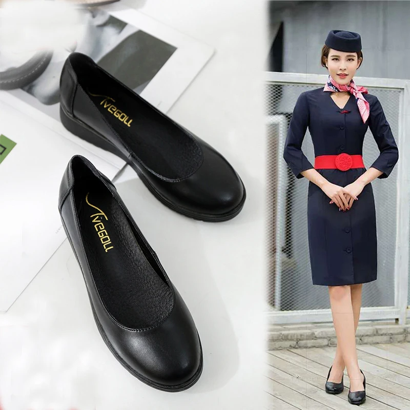 

Hotel stewardess comfortable work shoes women's black wedge heel round head soft sole professional railway work shoes