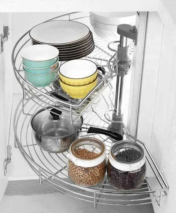 2 Tiers 180 Degree Magic Corner Pull Out Basket Soft Close Round Wire Multifunctional Revolving Slide Out Basket on sale
