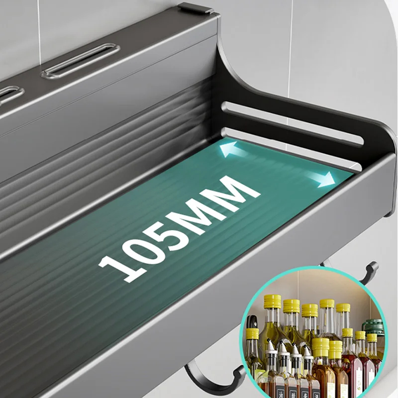 No Drill Kitchen Storage Rack Aluminum Wall Mount Spice Seasoning Spoon Knife Stand Holder Rag Dishcloth Rack Organizer Shelf