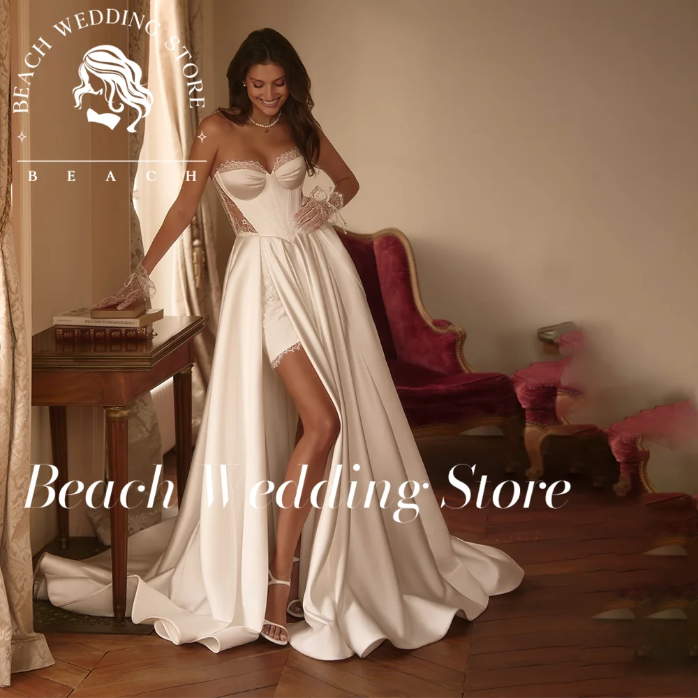 Beach Strapless Sweetheart Neckline Satin Corset Bodice Bridal Dress with High Slit Elegant Floor Length Wedding Gown Customized 4