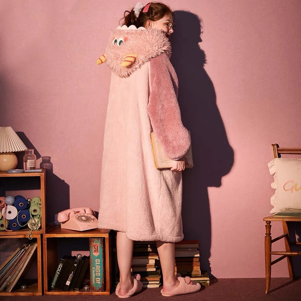 Thickened Flannel Nightgown Women's Winter Pajamas Warm Sleepwear Sweet Hooded Nightdress Kawaii Fuzzy Robes Anime Pajama Pijama