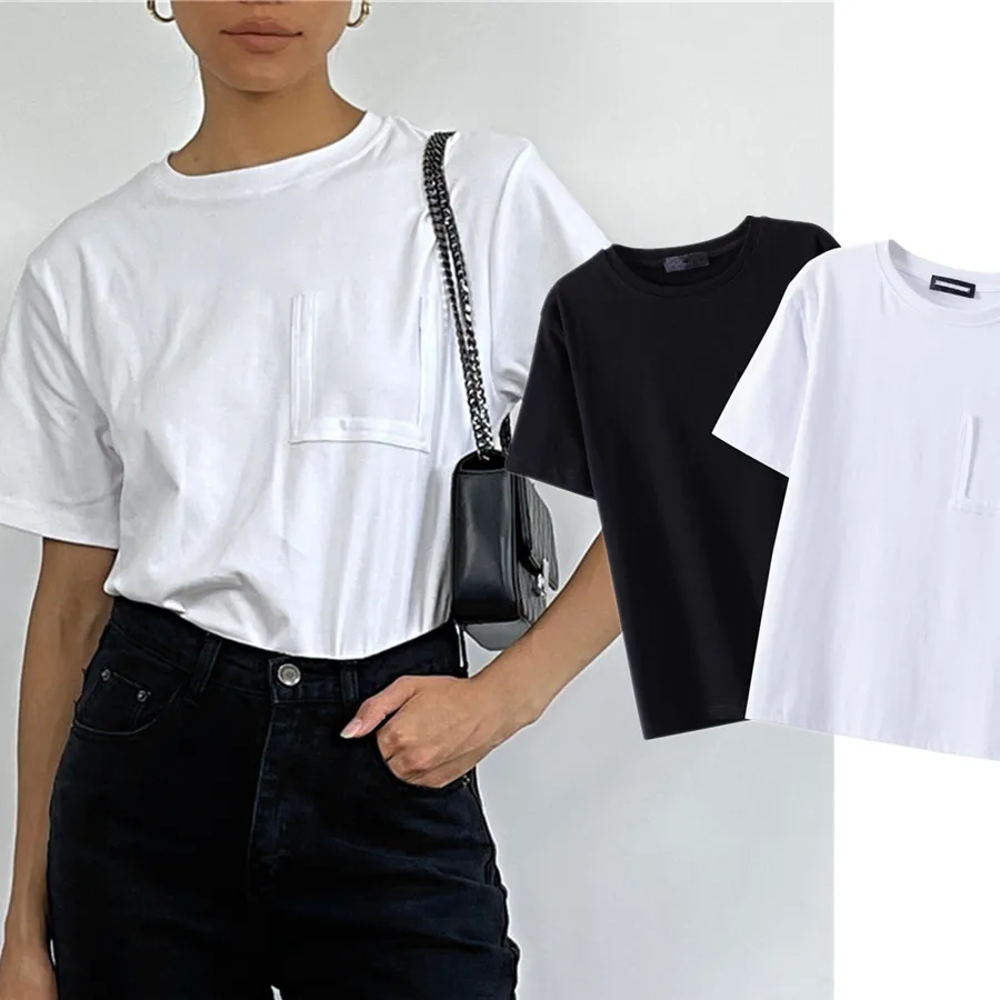 

Elmsk Ins blogger High Street Harajuku Retro T shirt Fashion Broken Pockets O-neck Pure Color Solid Casual Tshirts Women
