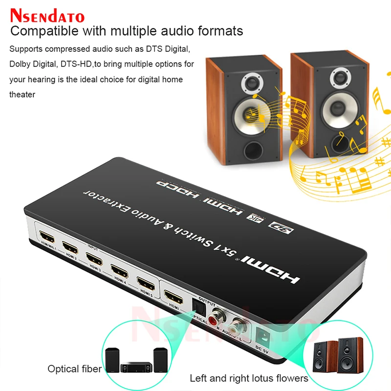 5X1 HDMI Switcher with Audio Extractor HDMI Switcher 5 in 1 out 4K with R/L Audio HDMI Switch ARC Audio Extractor with IR Remote