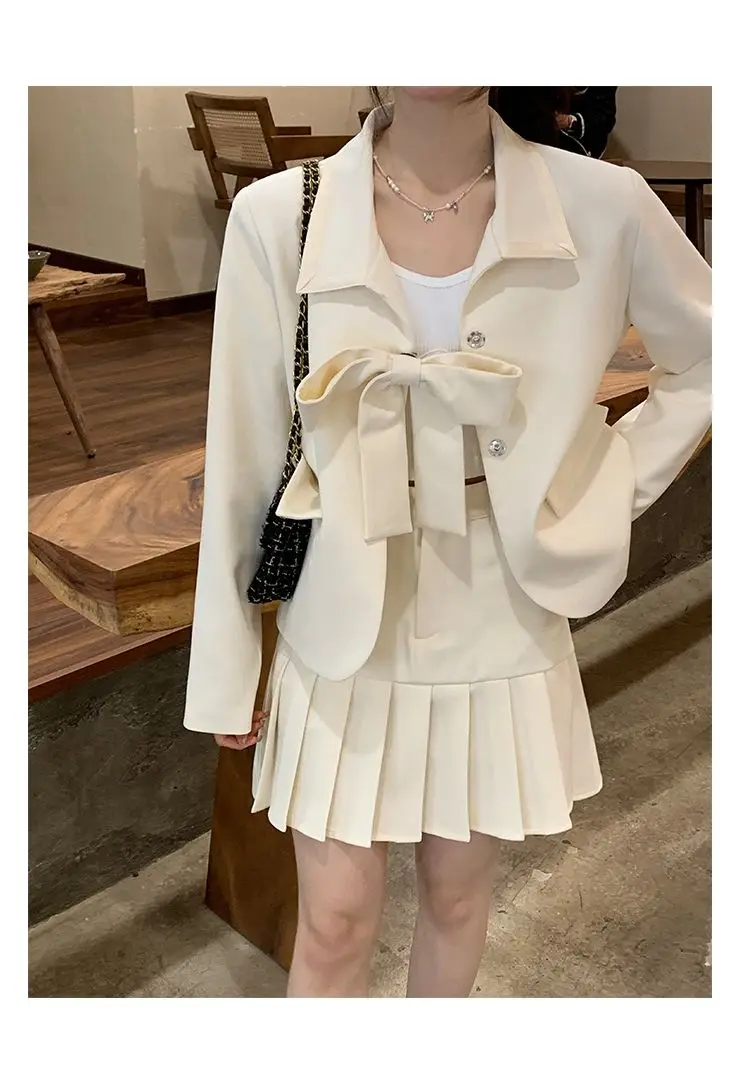 Women Skirt Sets Lace Up Bow Tie Blazer+High Waist Pleated Skirt Solid Color Temperament Sweet Commute Two Piece Lady Clothing