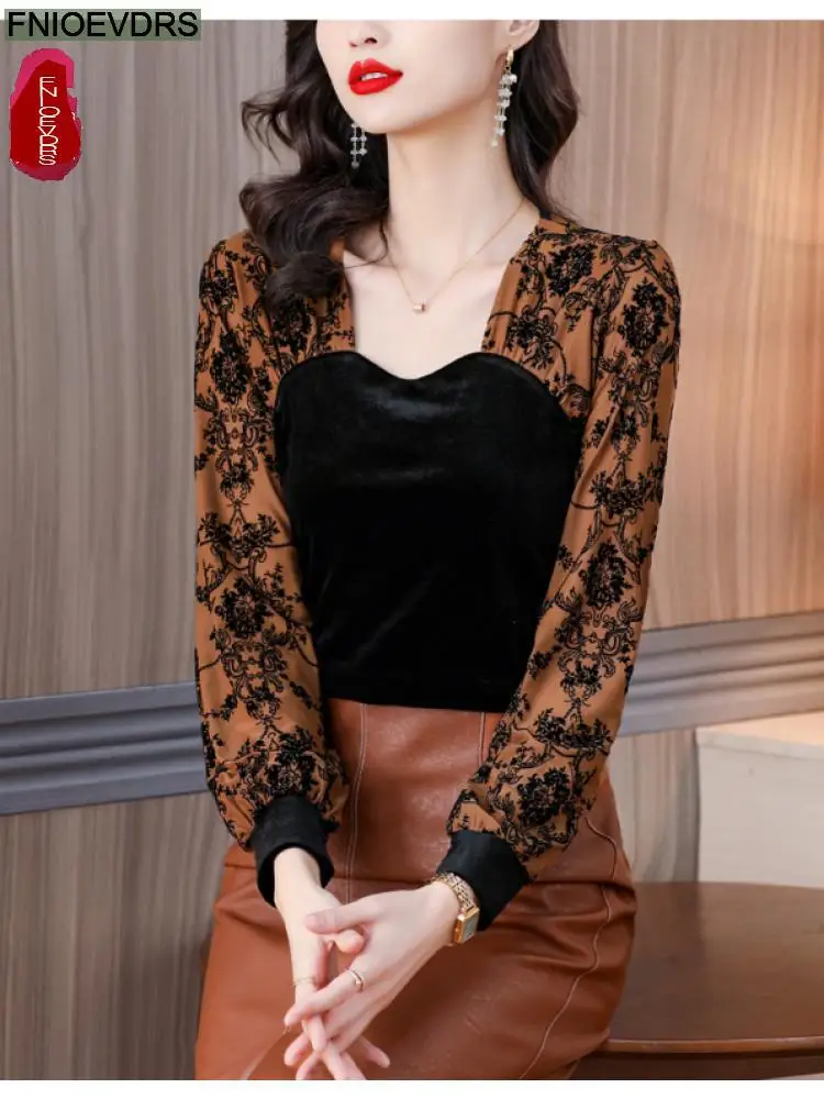 

2022 Women Elegant Office Lady Retro Vintage Loose Square Neck Tops Work Black Floral Print Basic Shirt Blouses