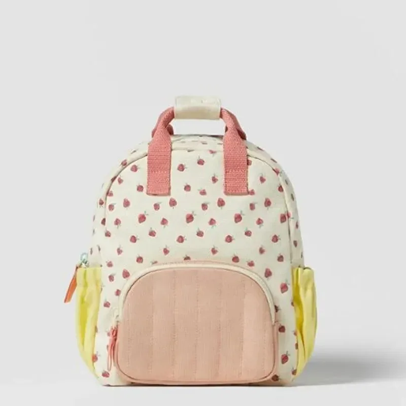 

New cotton canvas dopamine strawberry print color matching cute children backpack backpack