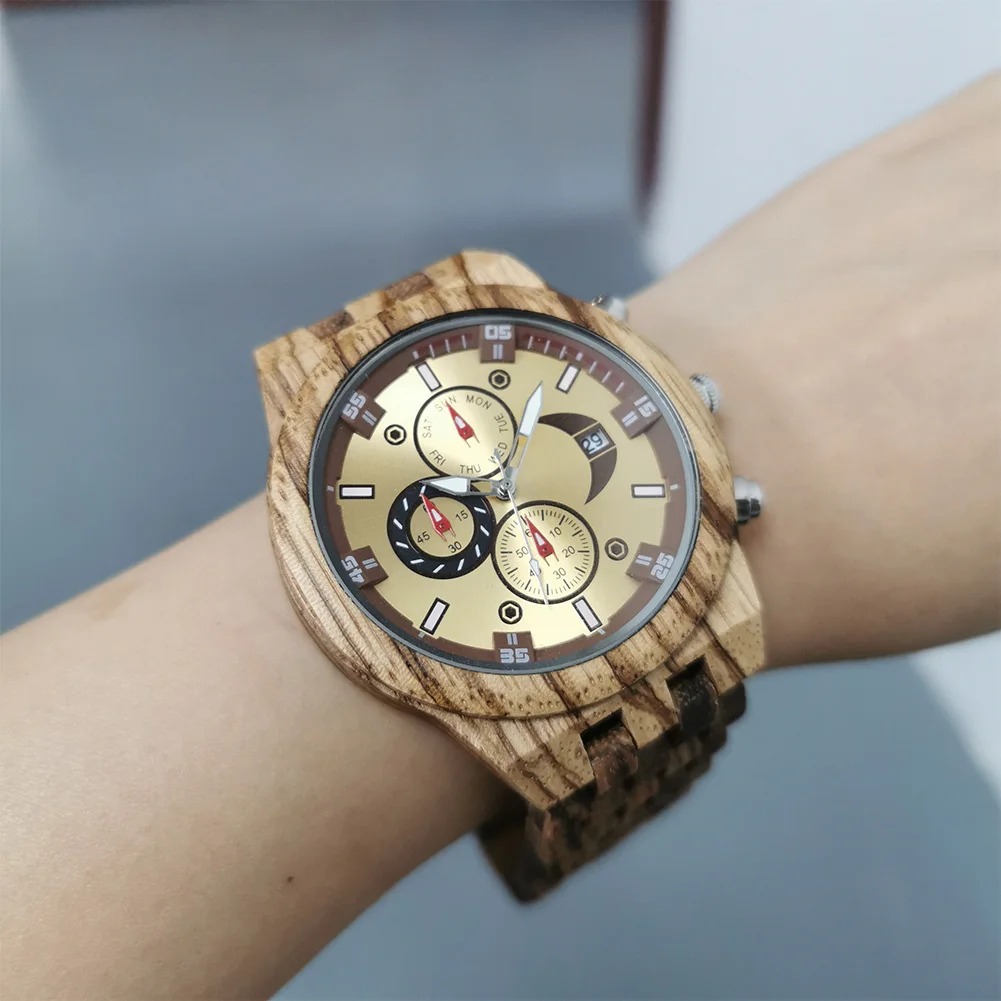 Men's Vintage Quartz Chronograph with Wooden Bangle and Calendar Function