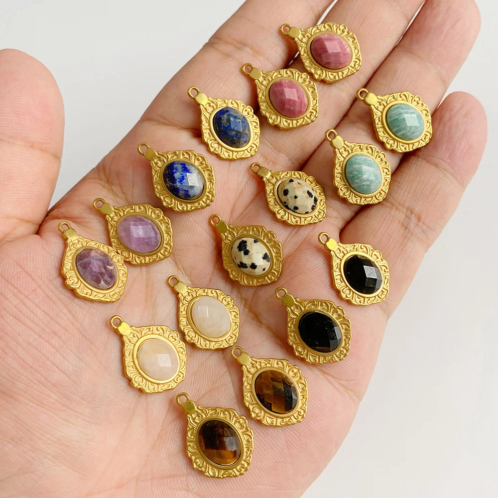 5 teile/los 15*17MM Gold Farbe Geometrische Mehrfarbige Charme Natürliche Stein Cabochons Anhänger DIY Halskette Ohrring